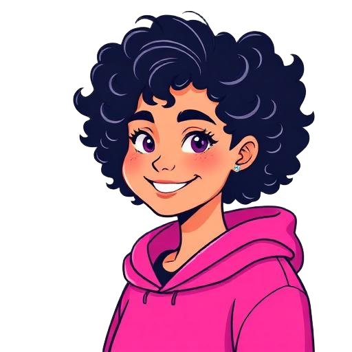 Teen with curly dark hair, pink hoodie